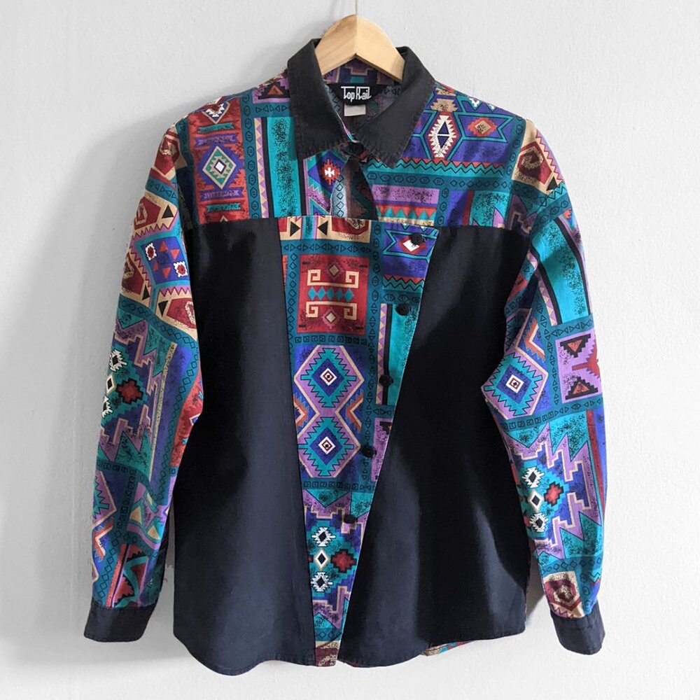 vtg 80s 100% cotton Southwestern Geometric Print Cut out Shirt sz L